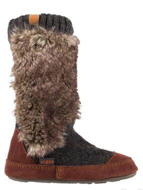 Acorn Women's Brown Faux Fur & Charcoal Knit Boot Slippers Size 5-6